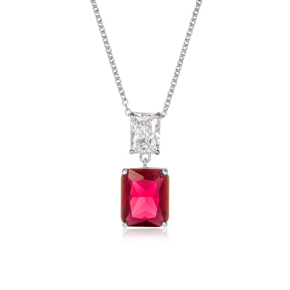 Sterling Silver Red Double Rectangle Drop Pendant Necklace