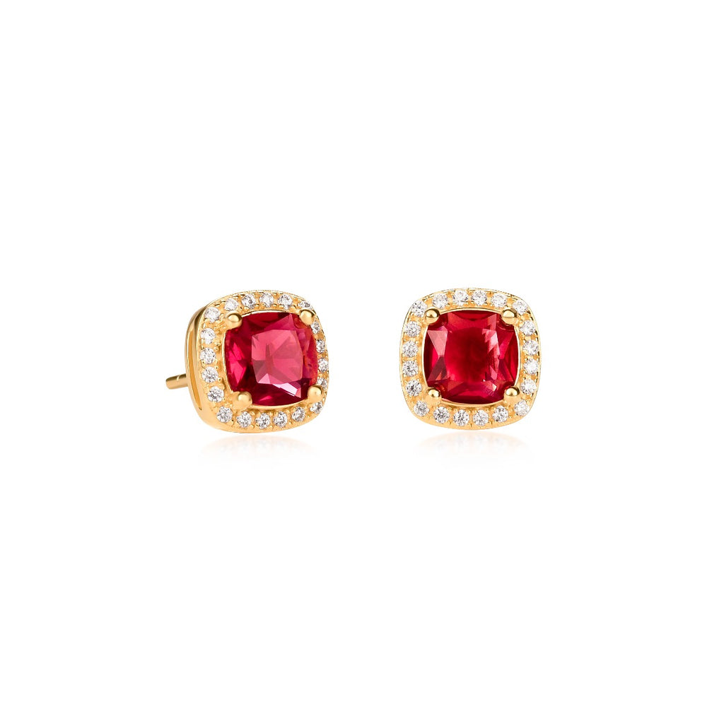 Gold Plated Sterling Silver Cushion Shaped Red Halo Stud Earrings