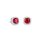 Sterling Silver Red Cushion Shaped Halo Stud Earrings
