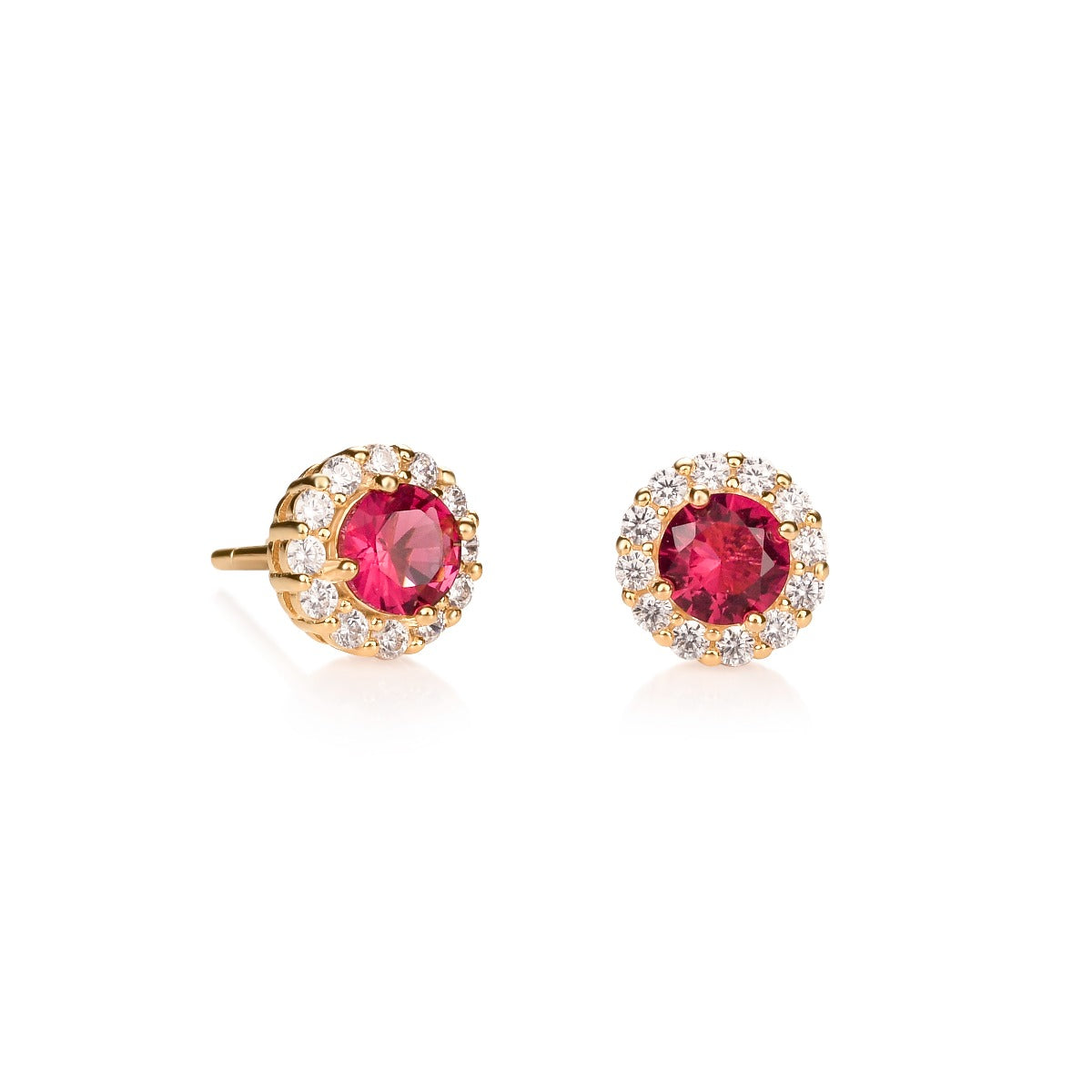 Gold Plated Sterling Silver Red Round Halo Stud Earrings