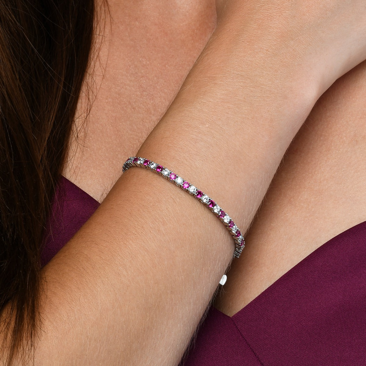 Sterling Silver Tennis Bracelet 3mm Red & White Cubic Zirconia