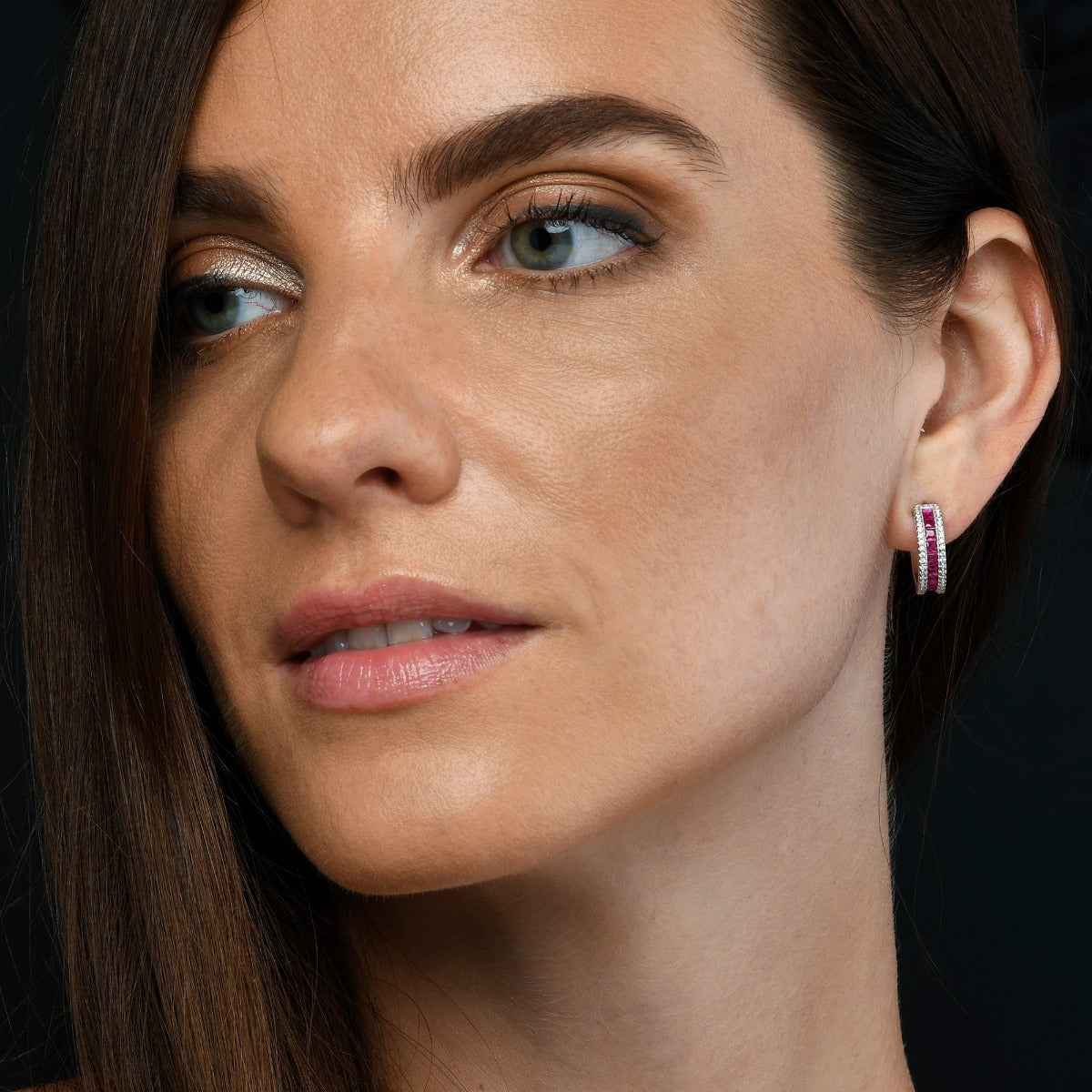 Sterling Silver Red Hoop Earrings with Cubic Zirconia Stones