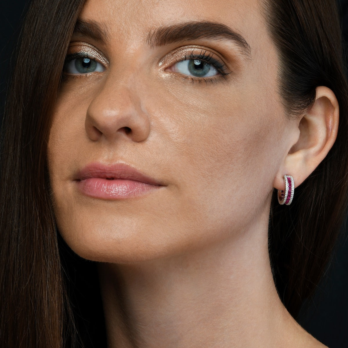 Sterling Silver Red Hoop Earrings with Cubic Zirconia Stones