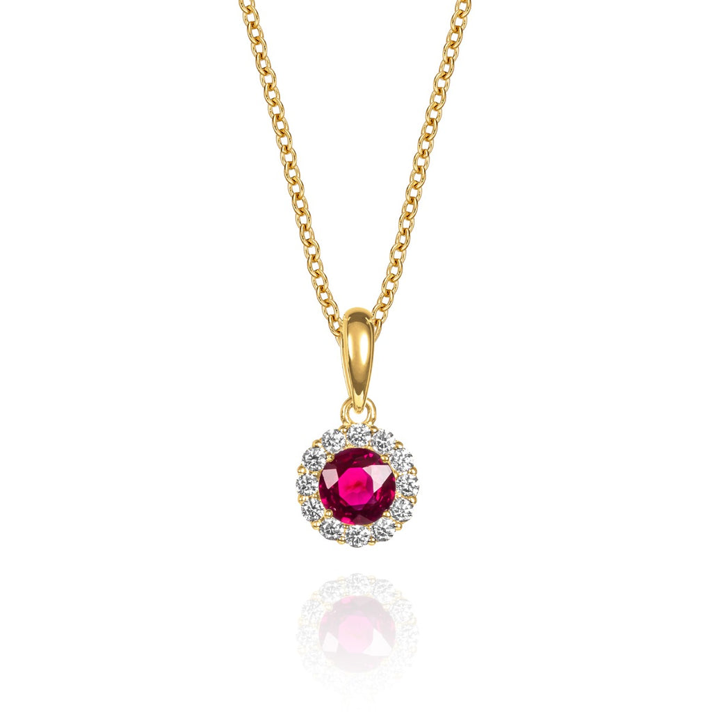 small ruby halo necklace in 9ct yellow gold