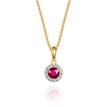 small ruby halo necklace in 9ct yellow gold