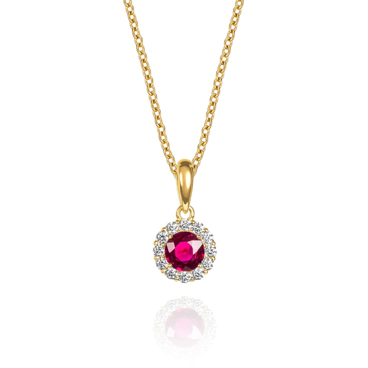 small ruby halo necklace in 9ct yellow gold