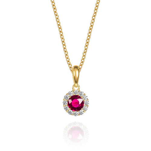 small ruby halo necklace in 9ct yellow gold