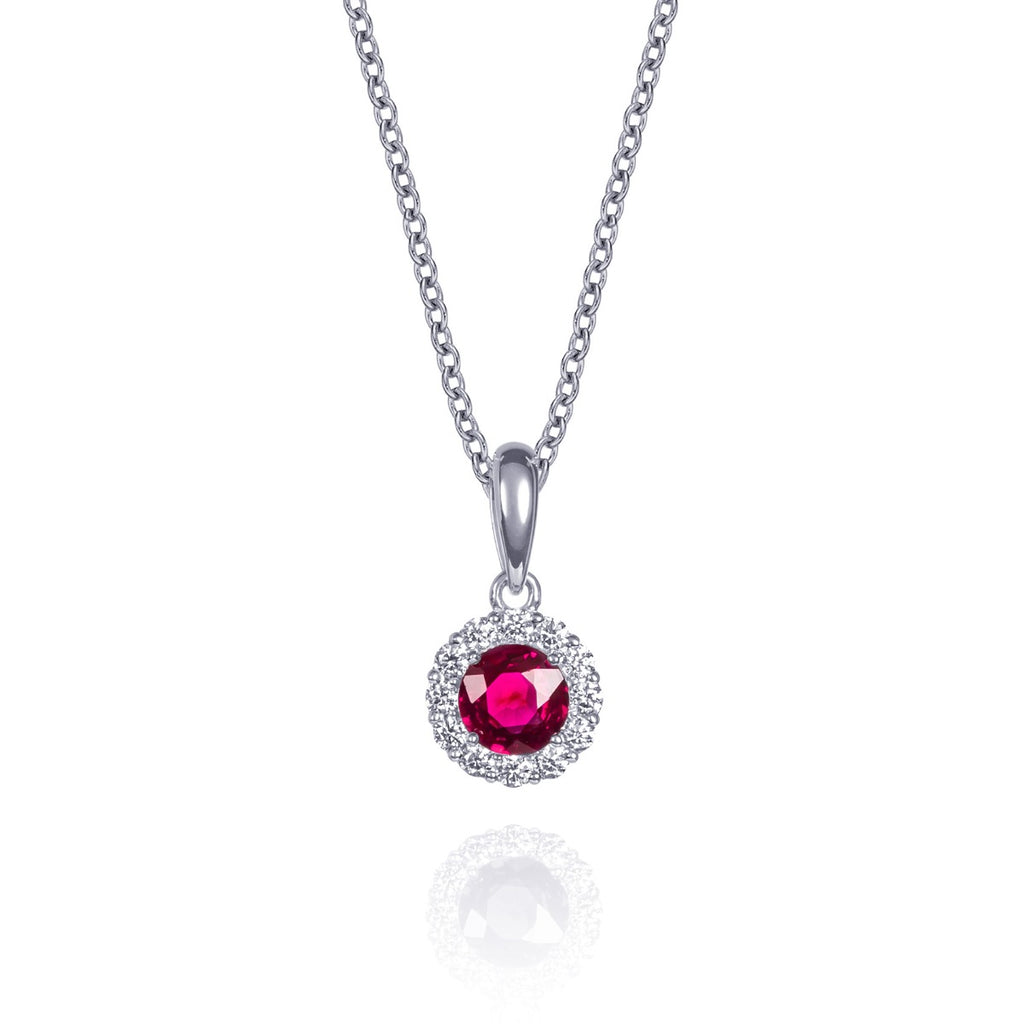 Ruby halo necklace in 9ct white gold
