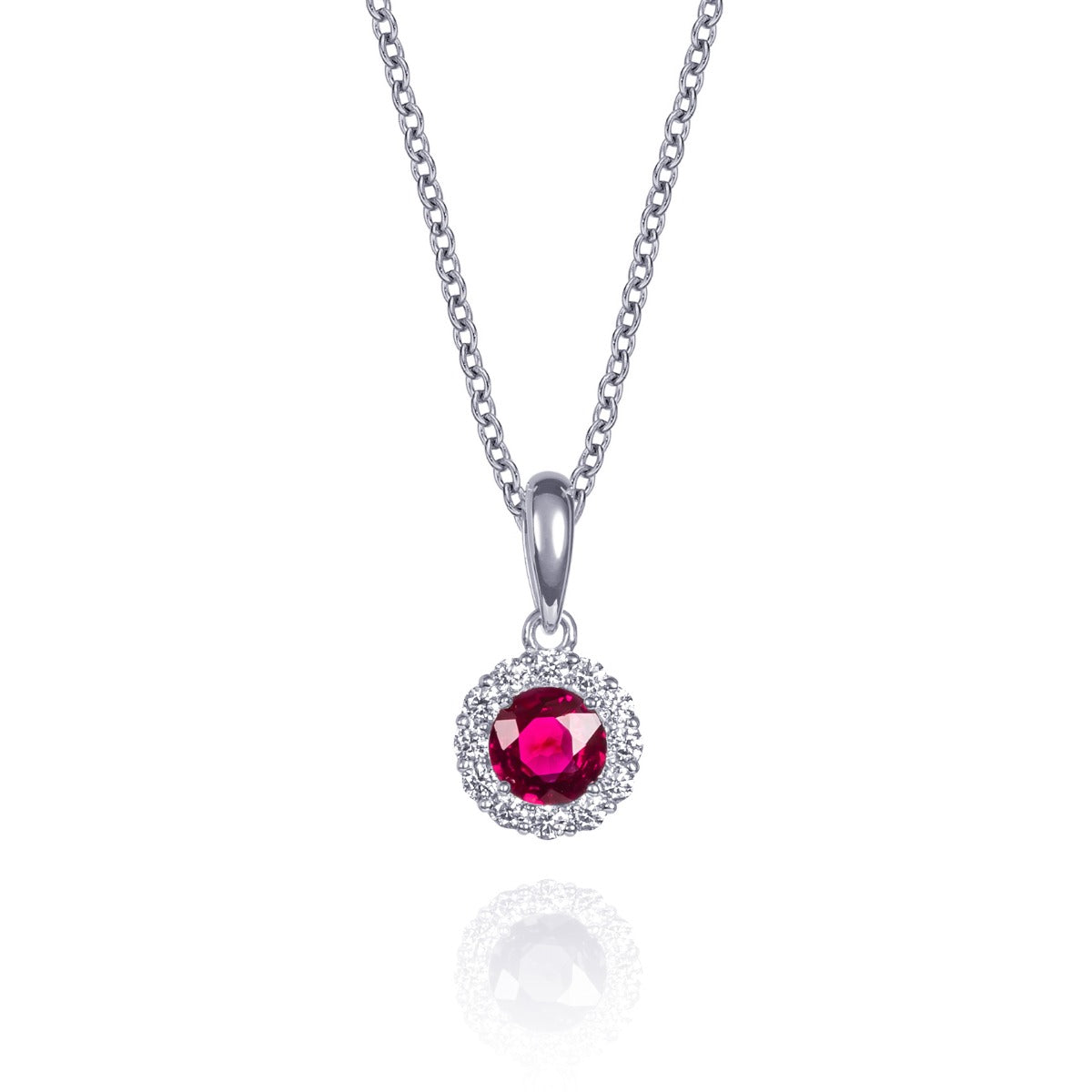 Ruby halo necklace in 9ct white gold
