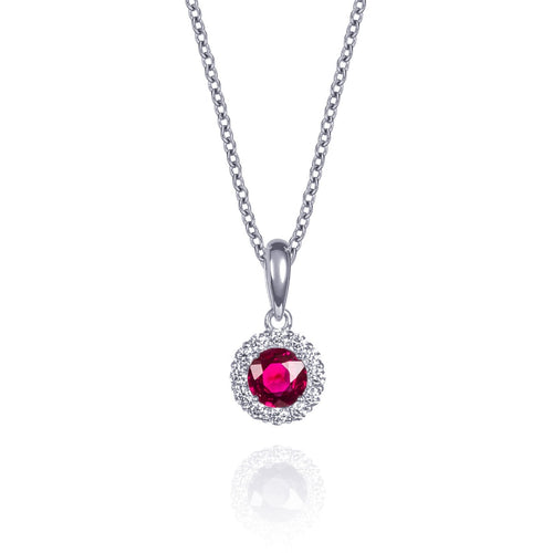Ruby halo necklace in 9ct white gold

