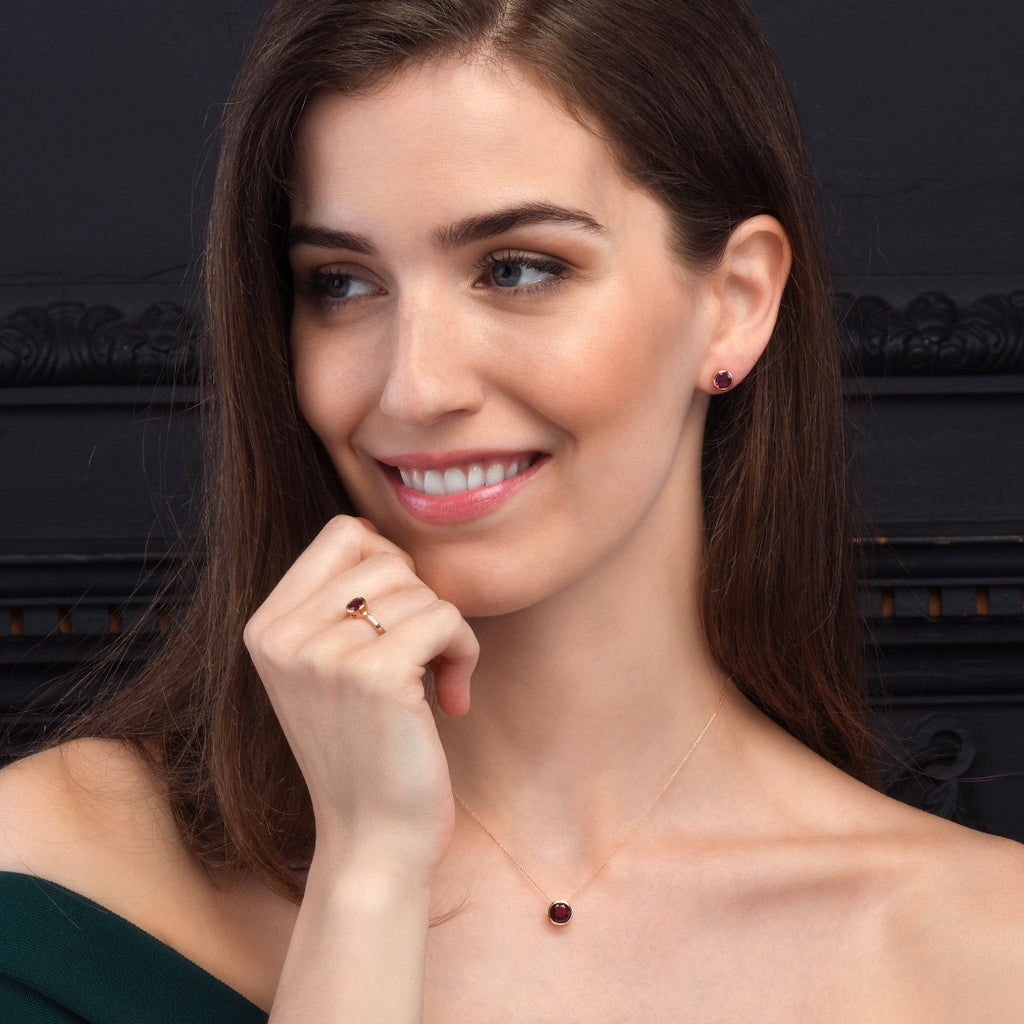 Bezel Set Rhodolite Pendant Necklace in Rose Gold Plated Sterling Silver