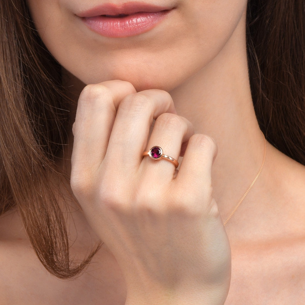 Bezel Set Rhodolite Ring in Rose Gold Plated Sterling Silver