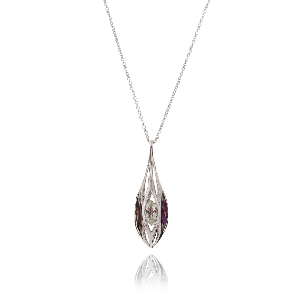 Sterling Silver Long Teardrop Pendant Necklace with Multicoloured Gemstones