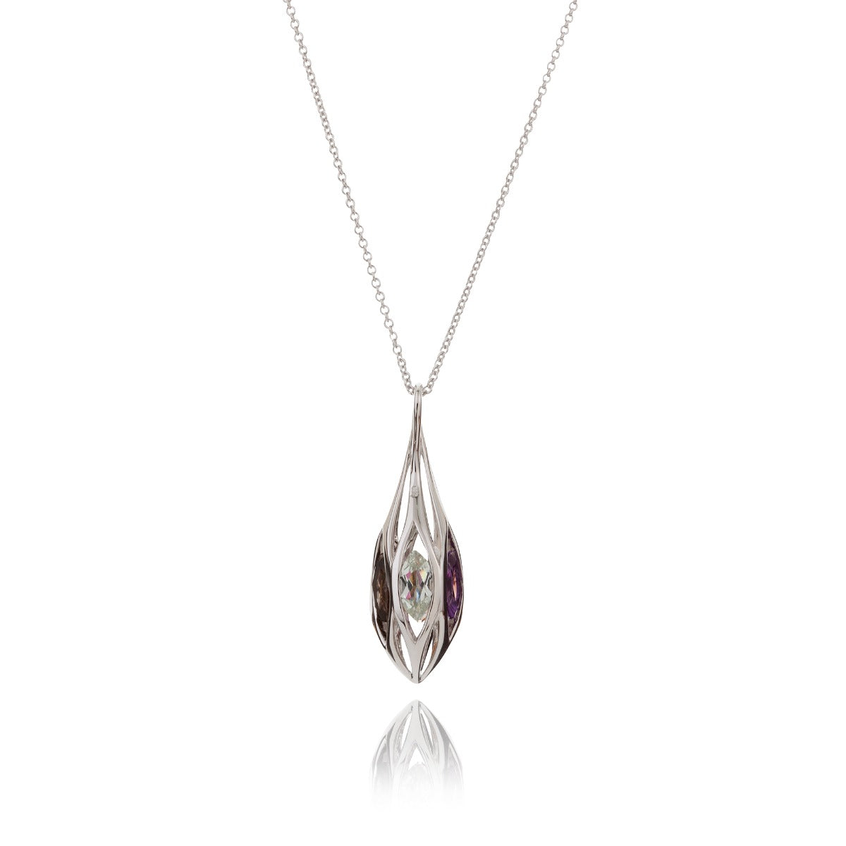 Sterling Silver Long Teardrop Pendant Necklace with Multicoloured Gemstones