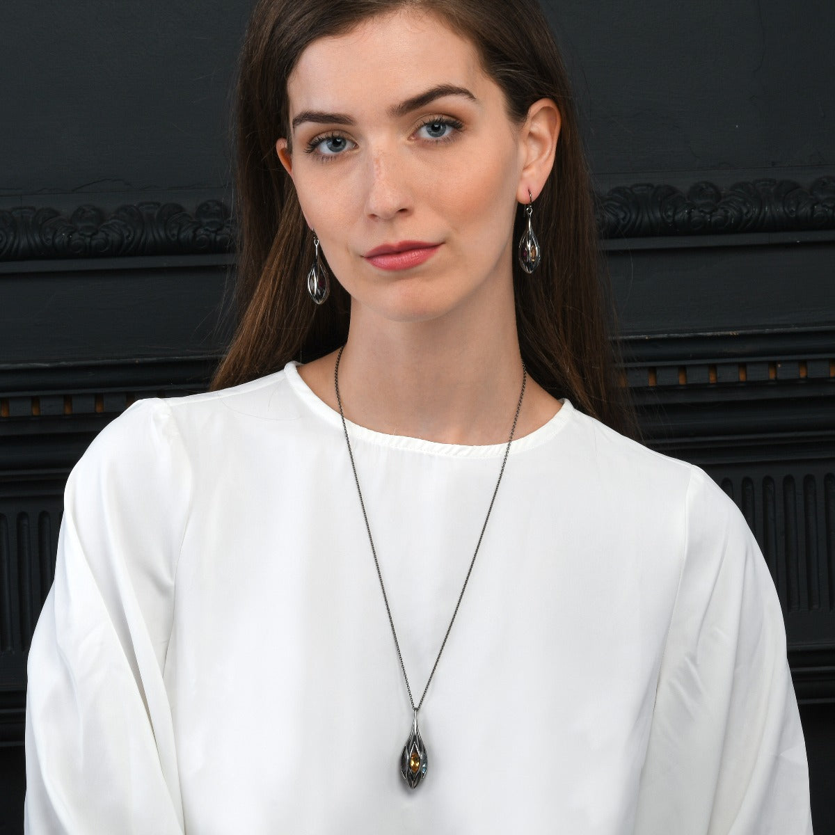 Long Black Teardrop Earrings in Sterling Silver with Multicoloured Gemstones
