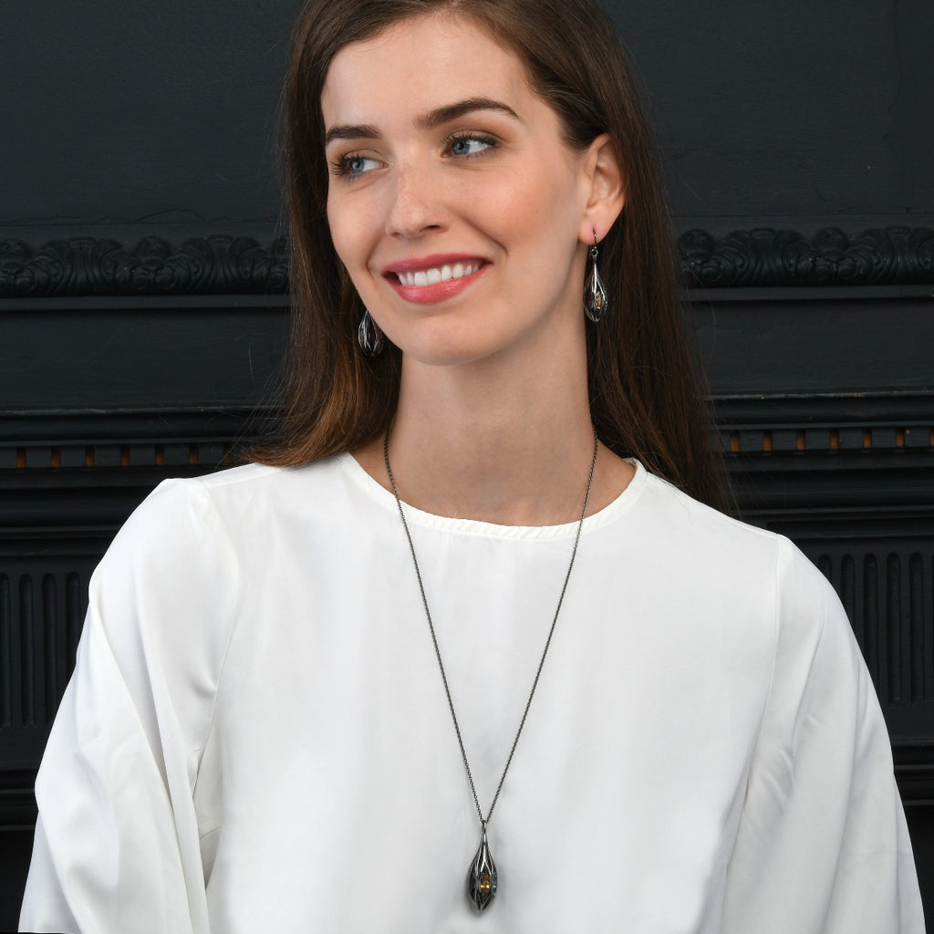 Long Black Pendant Necklace in Sterling Silver with Multicoloured Gemstones
