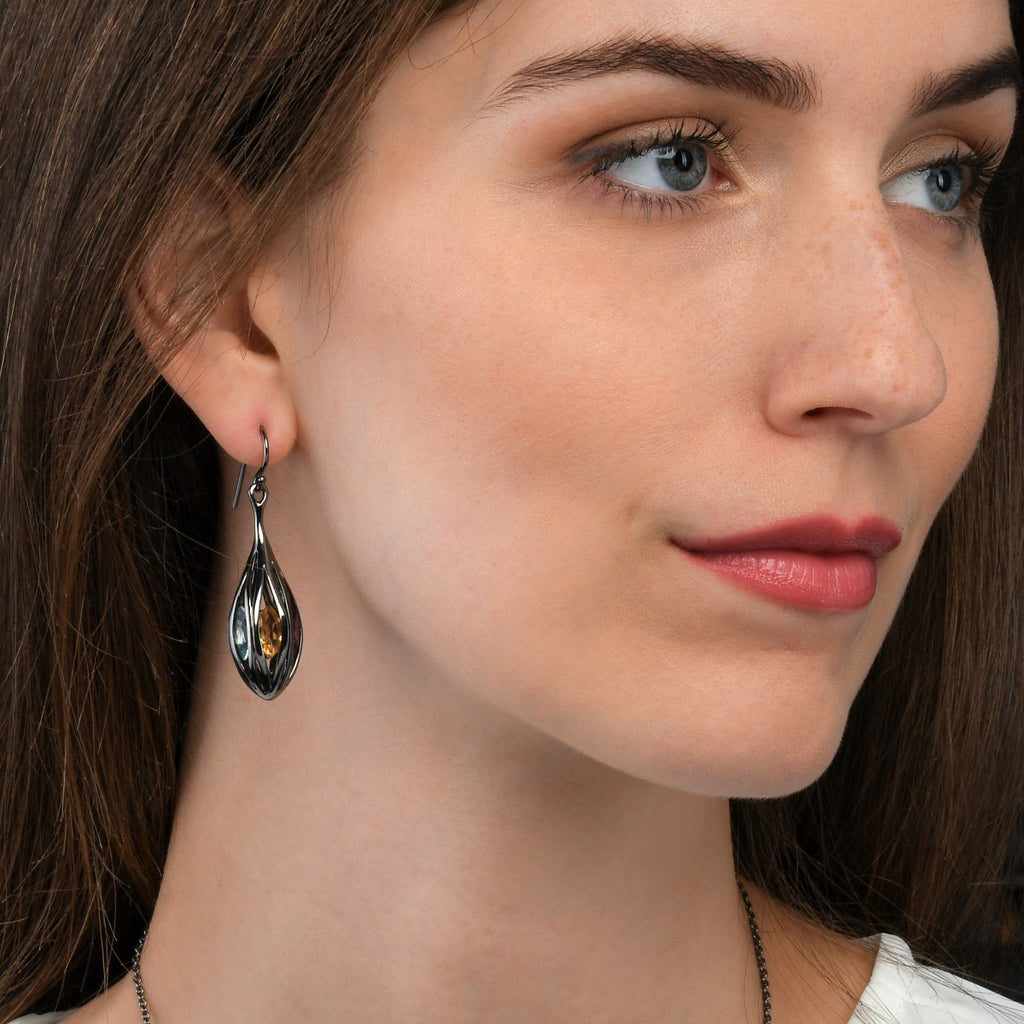  Long Black Teardrop Earrings in Sterling Silver with Multicoloured Gemstones