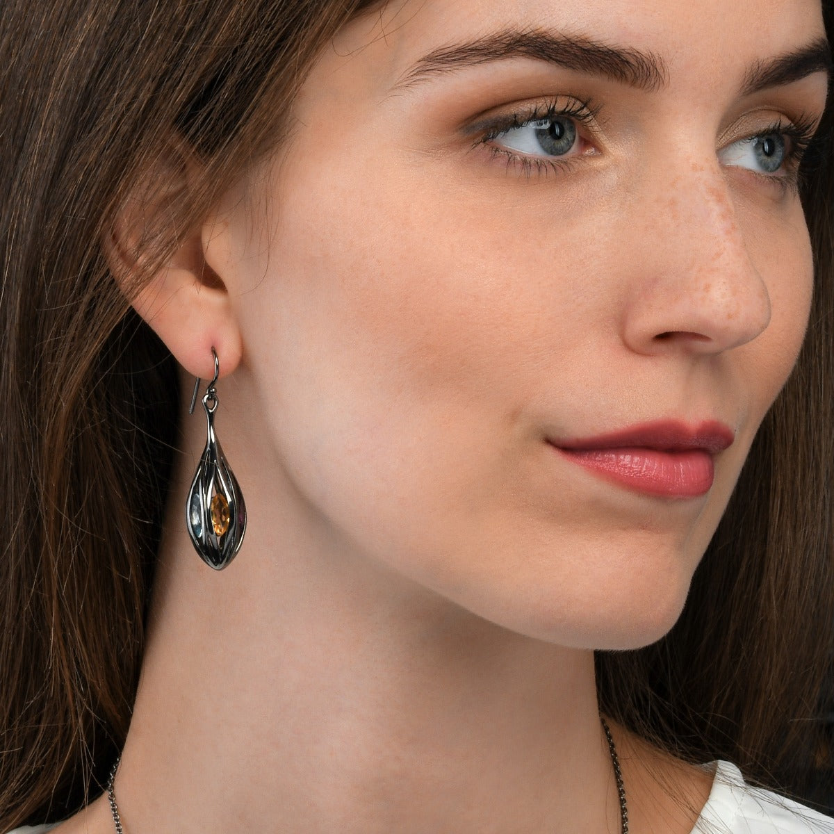 Long Black Teardrop Earrings in Sterling Silver with Multicoloured Gemstones