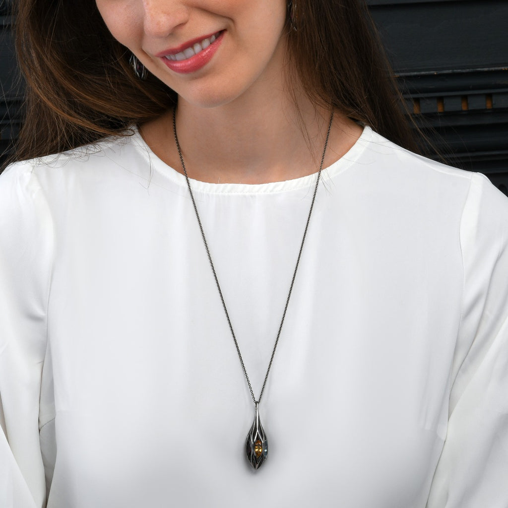  Long Black Pendant Necklace in Sterling Silver with Multicoloured Gemstones