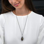 Long Black Pendant Necklace in Sterling Silver with Multicoloured Gemstones