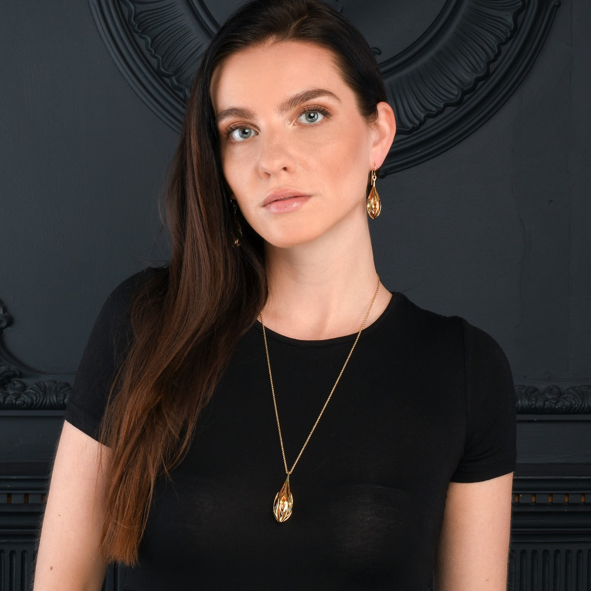 Gold Plated Sterling Silver Long Teardrop Pendant Necklace with Multicoloured Gemstones
