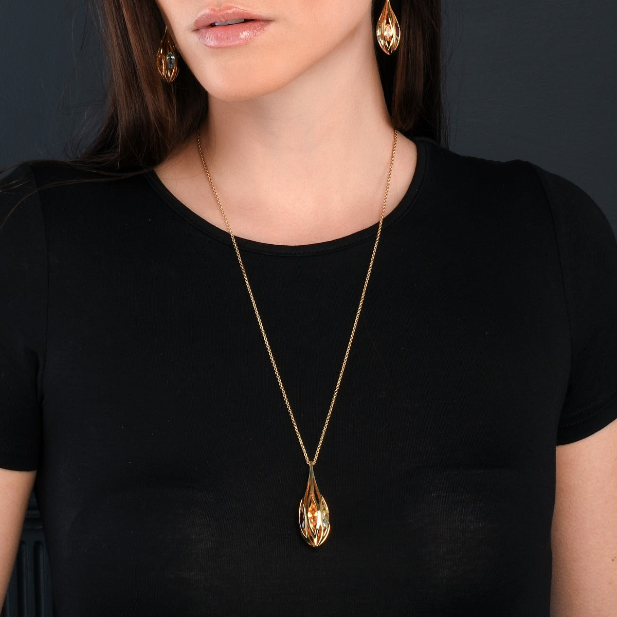 Gold Plated Sterling Silver Long Teardrop Pendant Necklace with Multicoloured Gemstones