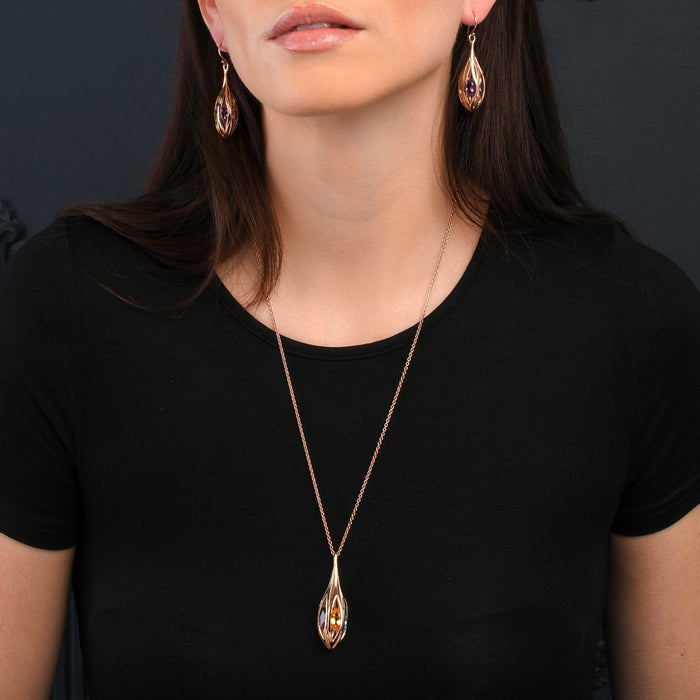 Rose Gold Plated Sterling Silver Long Teardrop Pendant Necklace with Multicoloured Gemstones