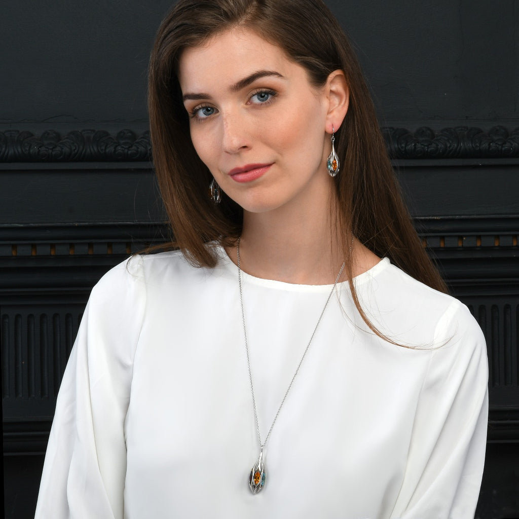 Sterling Silver Long Teardrop Pendant Necklace with Multicoloured Gemstones