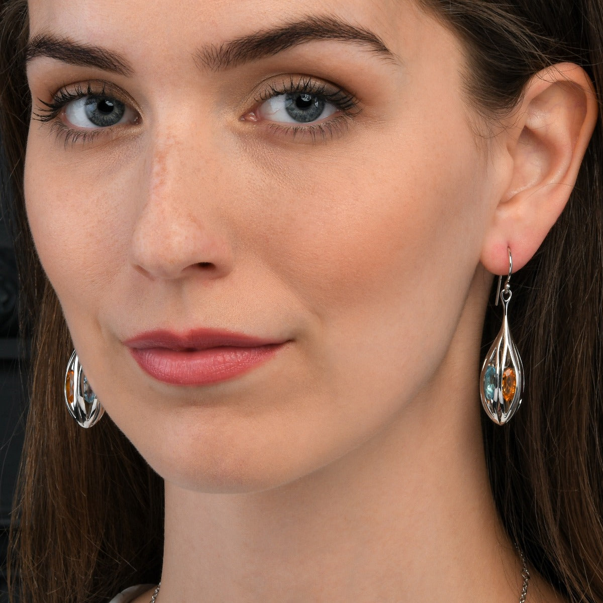Sterling Silver Long Teardrop Dangle Earrings with Multicoloured Gemstones
