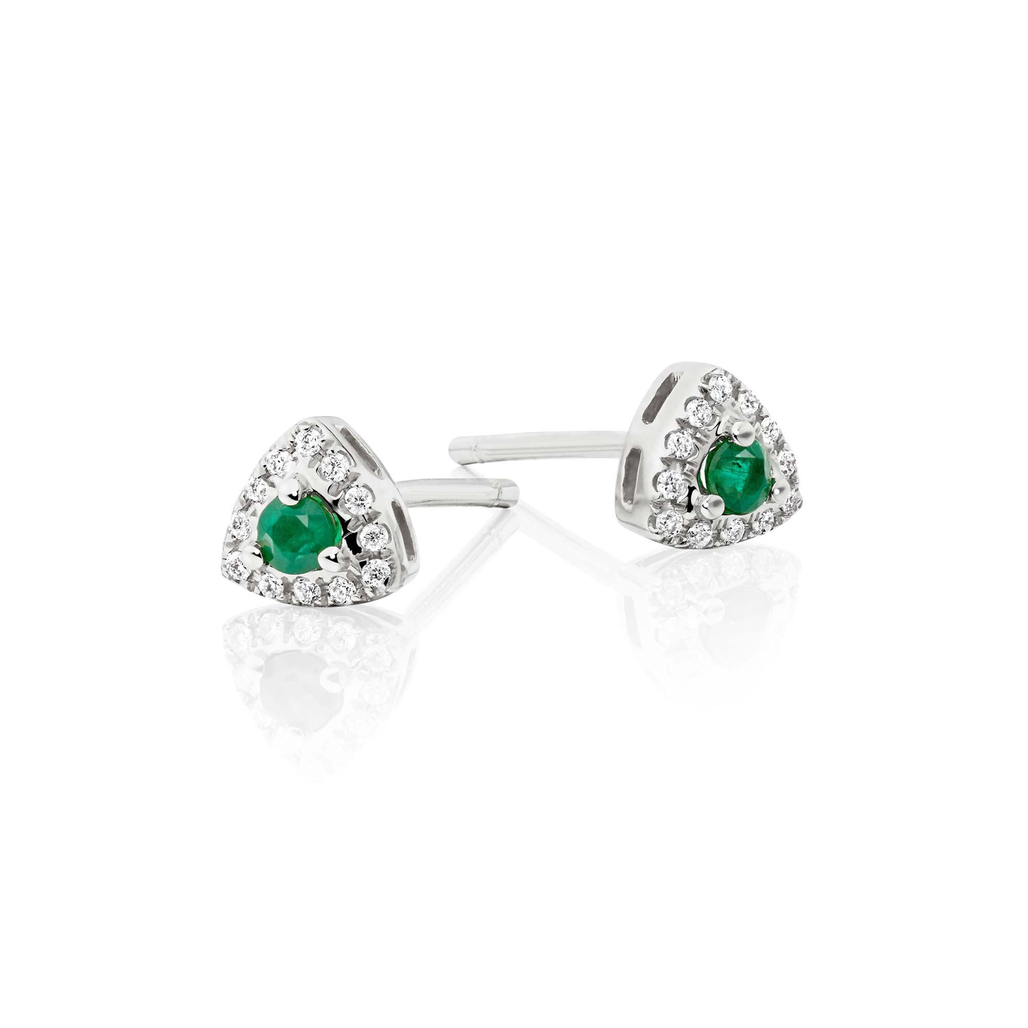 Tristar Emerald and 0.07ct diamond ear studs in 18K white gold