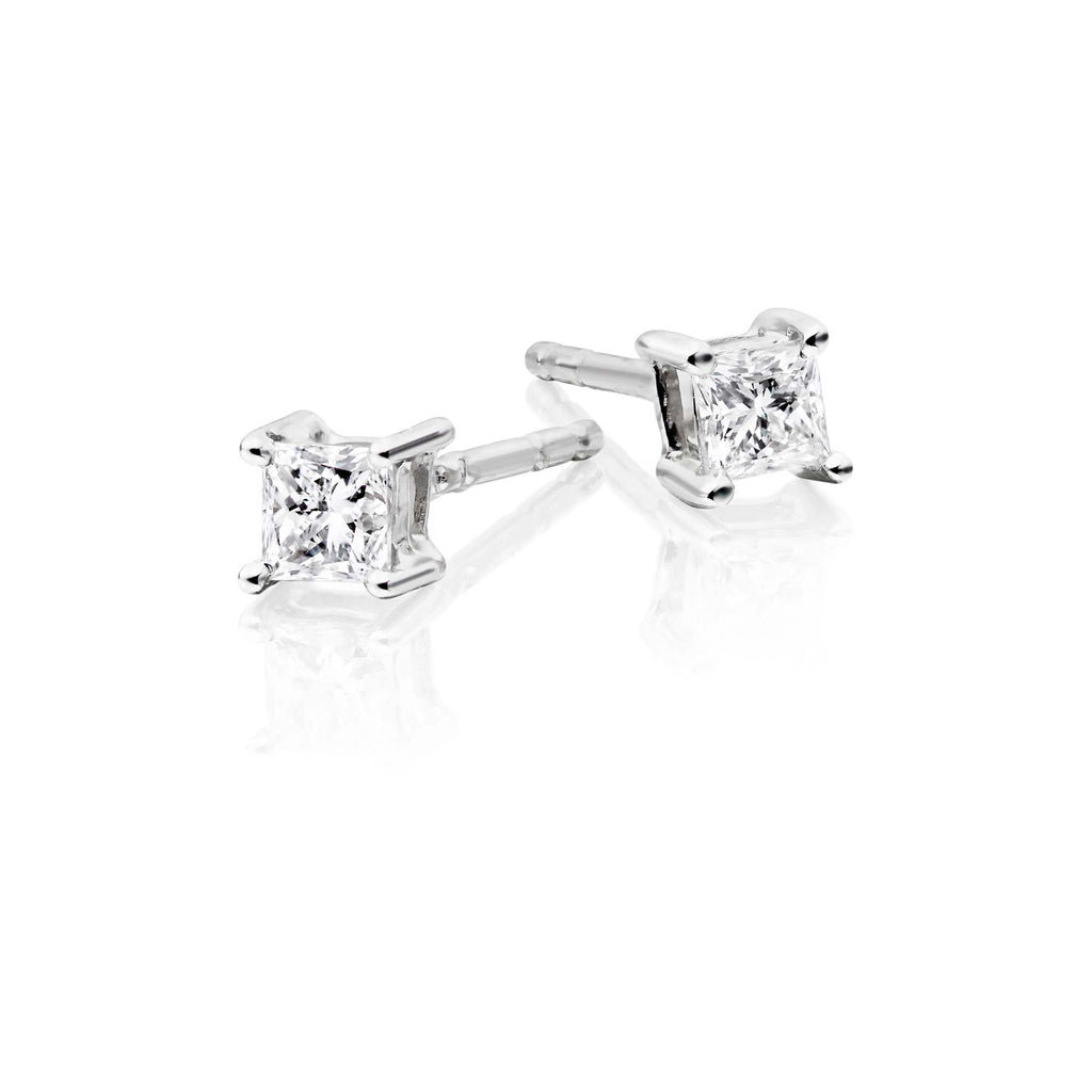 Solitaire 0.20ct 4 claw princess diamond studs in 9K white gold