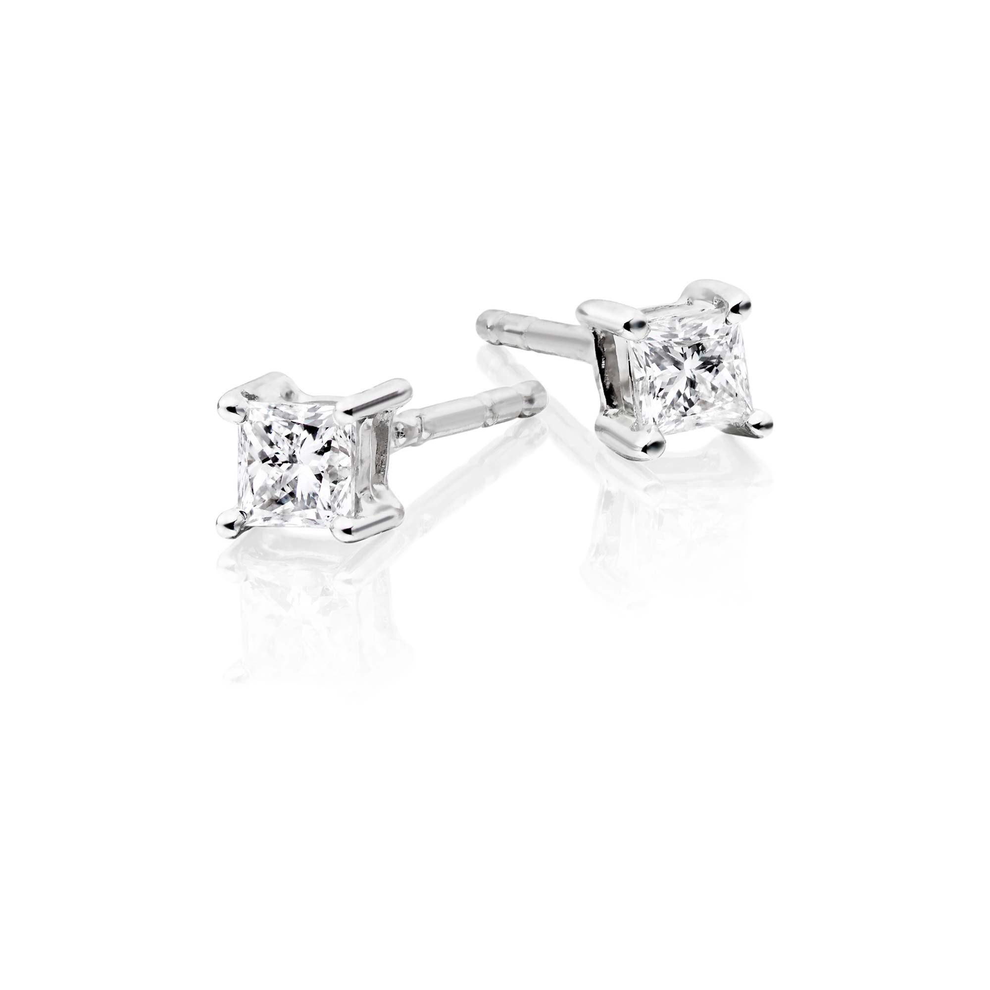 Solitaire 0.20ct 4 claw princess diamond studs in 9K white gold