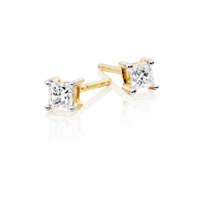 Diamond Stud Earrings 0.10ct Square Princess Diamond 18K Yellow Gold