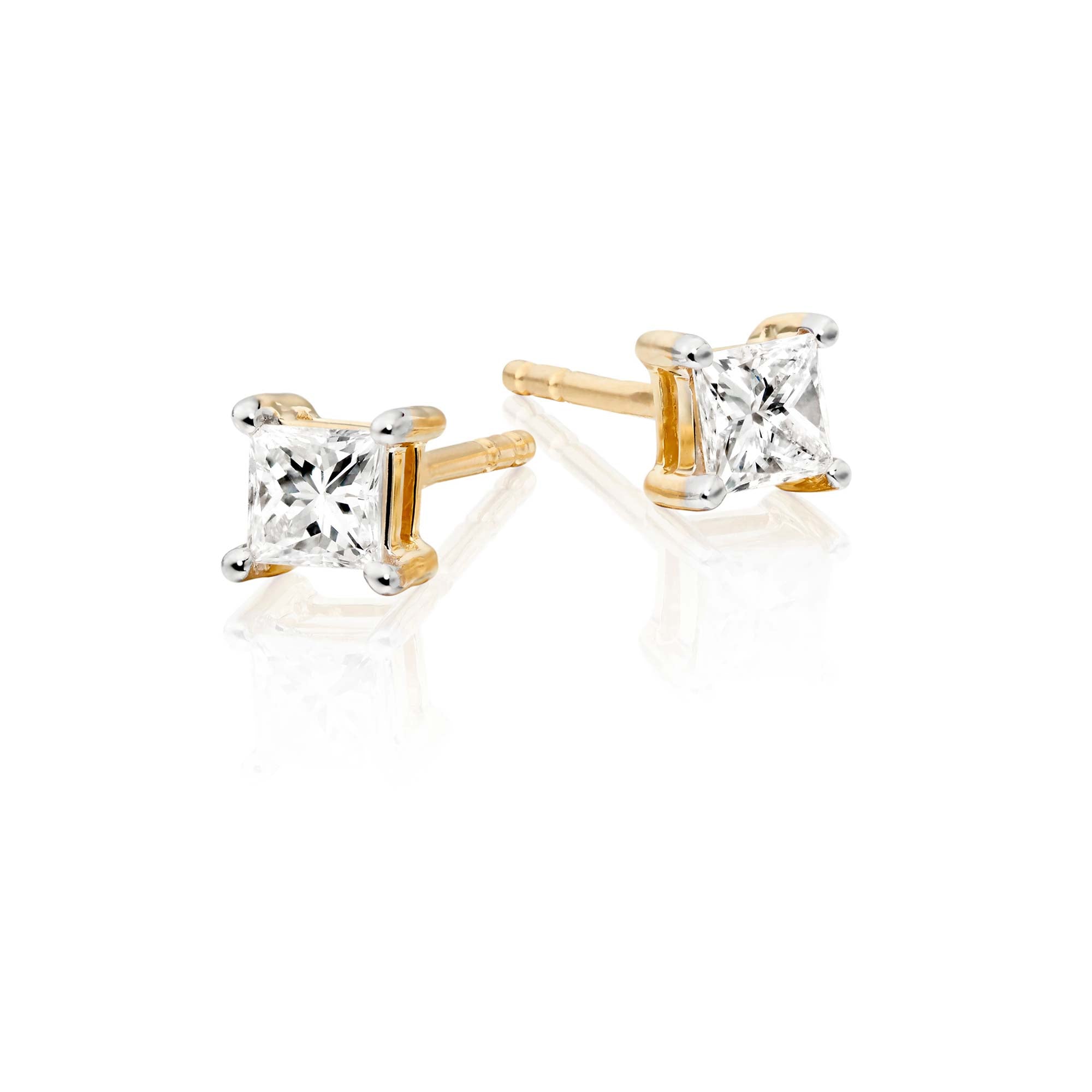 Solitaire 0.30ct 4 claw princess diamond studs in 9K yellow gold