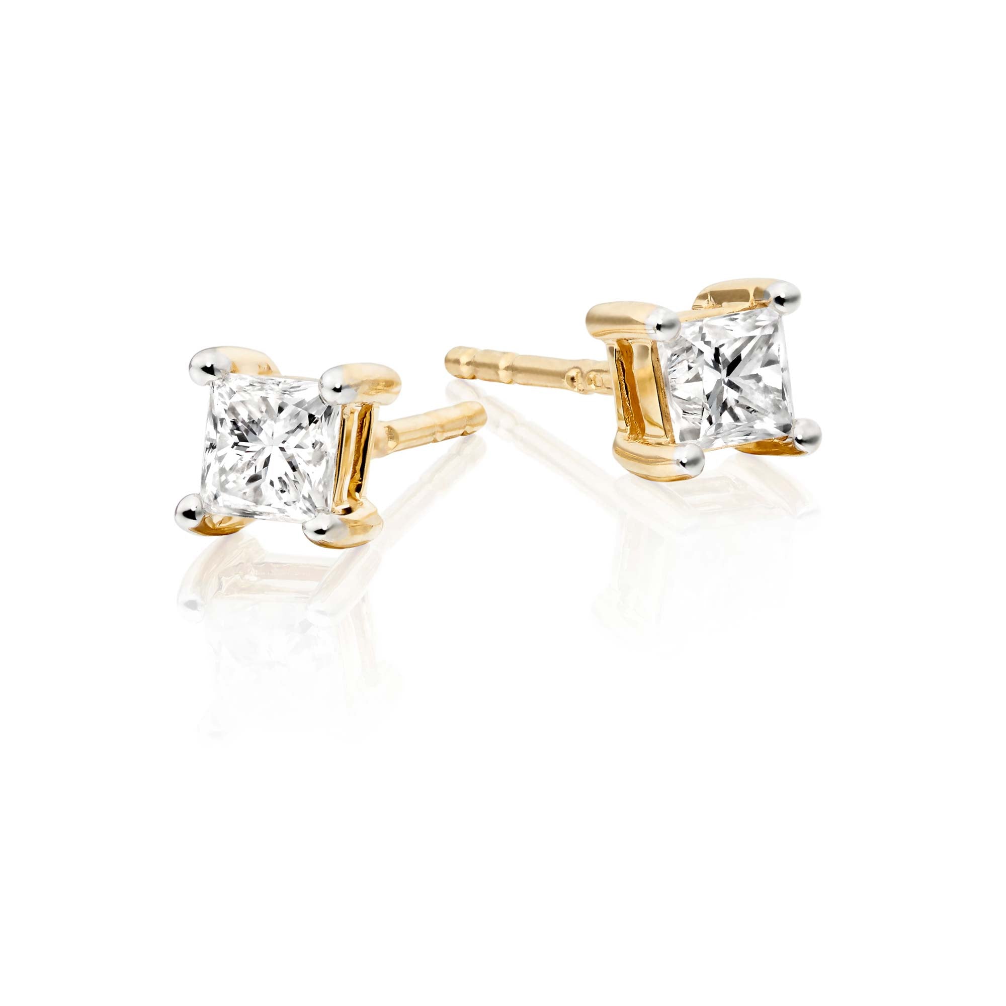 Solitaire 0.40ct 4 claw princess diamond studs in 9K yellow gold