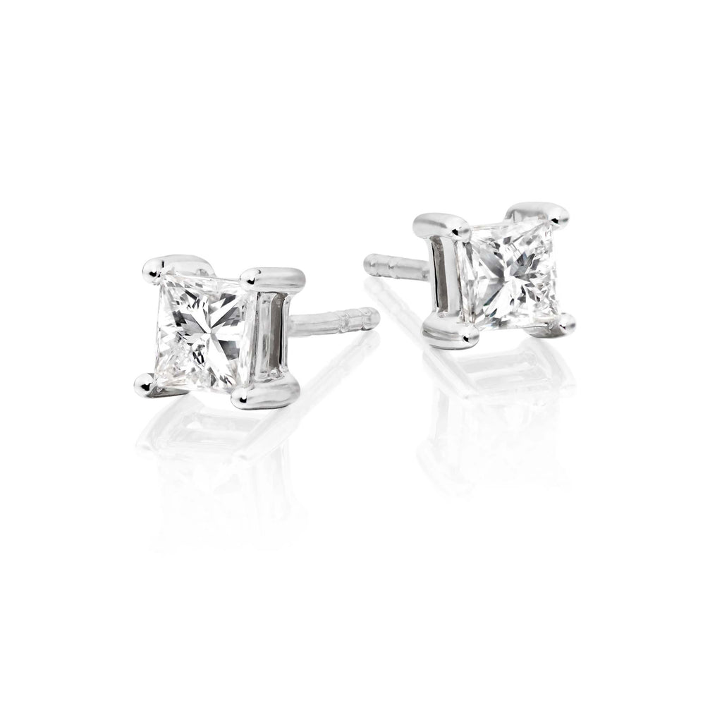 Solitaire 0.50ct 4 claw princess diamond studs in 9K white gold