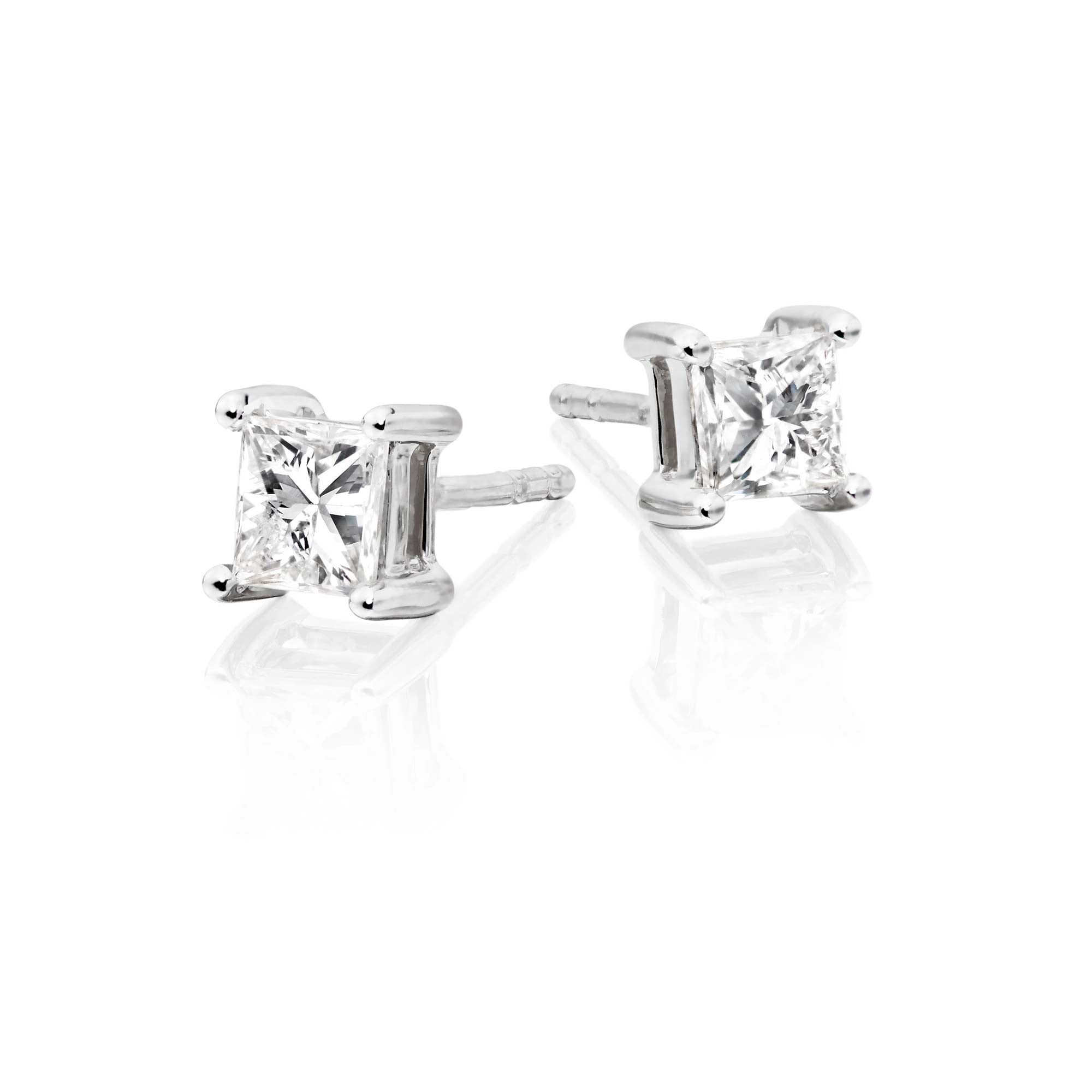Solitaire 0.50ct 4 claw princess diamond studs in 18K white gold