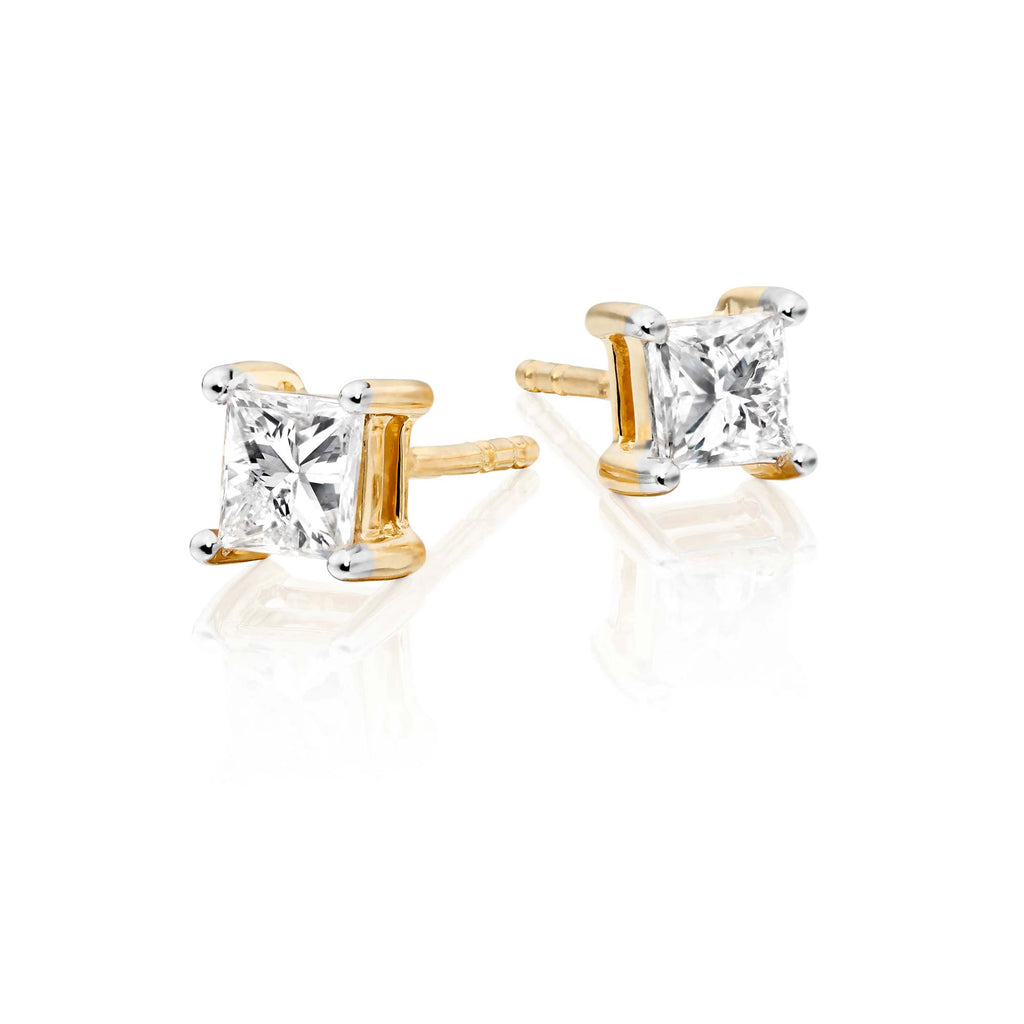 Solitaire 0.50ct 4 claw princess diamond studs in 9K yellow gold