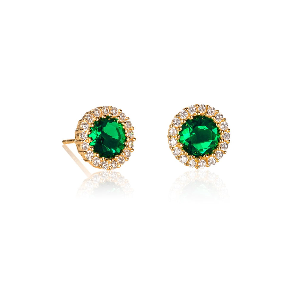 Gold Plated Sterling Silver Round Green Halo Stud Earrings