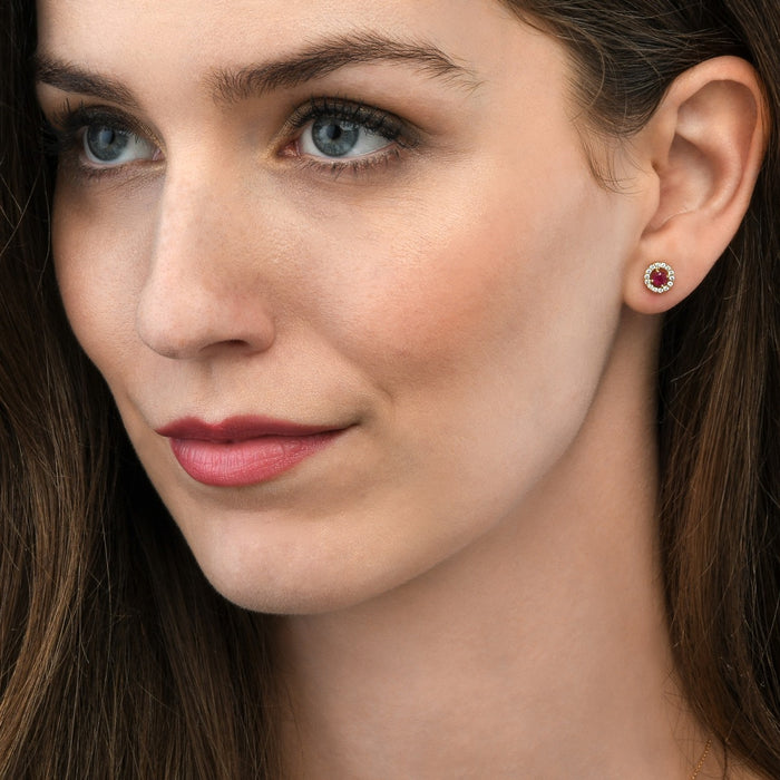 0.45ct Ruby Earrings with Diamond Halo 9K Yellow Gold
