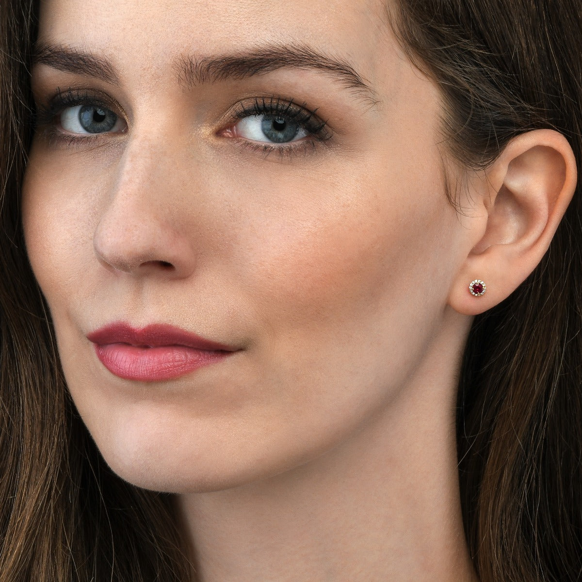 0.40ct Ruby Stud Earrings with Diamond Halo 18K Yellow Gold