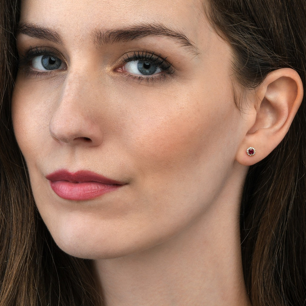 0.40ct Ruby Stud Earrings with Diamond Halo 9K Yellow Gold