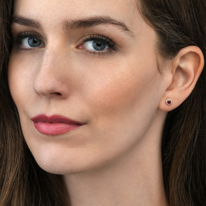 0.40ct Ruby Stud Earrings with Diamond Halo 9K Yellow Gold