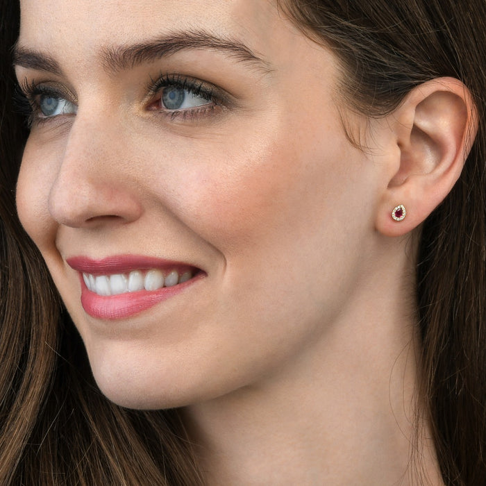 0.35ct Pear Ruby Earrings with Diamond Halo 18K Yellow Gold