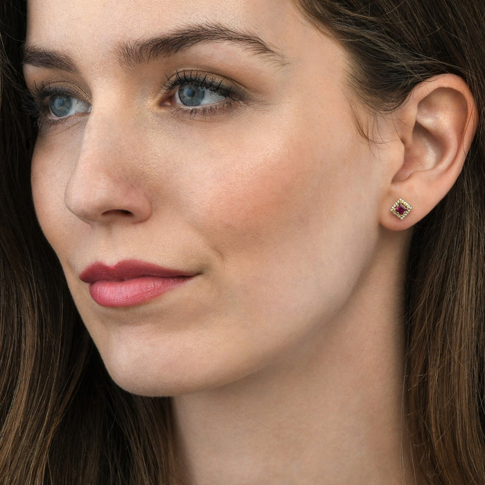 0.65ct Ruby Earrings with Diamond Halo 9K Yellow Gold