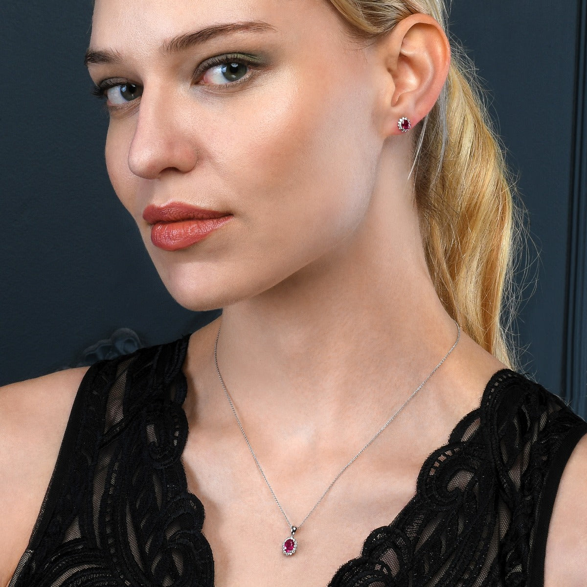 Ruby Pendant Necklace with 0.21ct Diamonds 18K White Gold