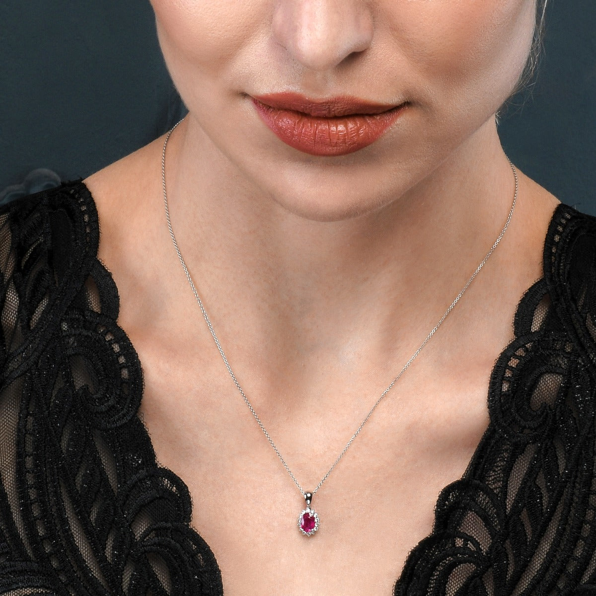 Ruby Pendant Necklace with 0.21ct Diamonds 18K White Gold