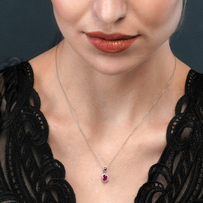 Ruby Pendant Necklace with 0.21ct Diamonds 18K White Gold