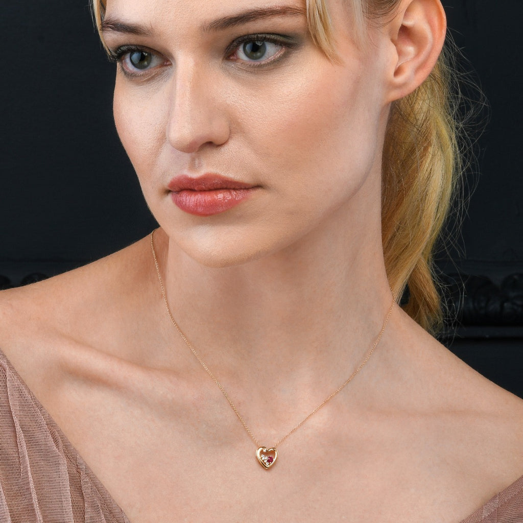 Heart Ruby Pendant Necklace with 0.07ct Diamonds 9K Yellow Gold