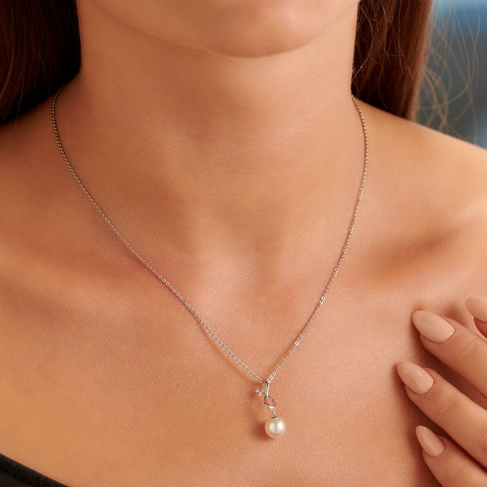 Freshwater Single Pearl Drop Pendant 0.04ct Diamond 9K White Gold